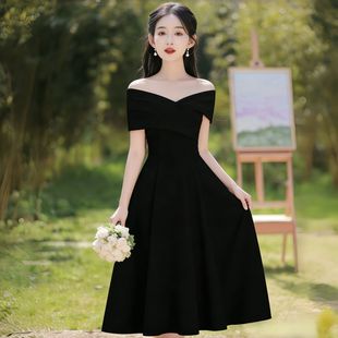 黑色一字肩A字礼服裙女中长款轻奢小众气质小个子高端宴会连衣裙