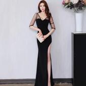 大气网纱连衣裙女 V领敬酒服高级感高端中袖 鱼尾晚礼服裙新款 法式