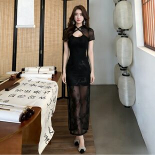 黑色性感气质显瘦开叉长裙修身旗袍晚礼服夜场技师工作服连衣裙女