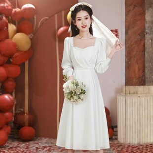 气质白色晚礼服裙领证登记长袖法式订婚轻纱平时可穿小个子连衣裙