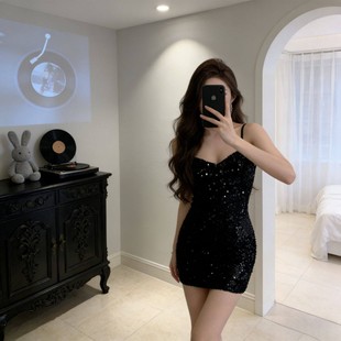 洋装小礼服宴会气质小个子生日party连衣裙黑色鱼尾晚礼服女短款