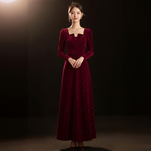 敬酒服新娘小个子酒红色结婚中式淑女风方领红色知性气质礼服裙子