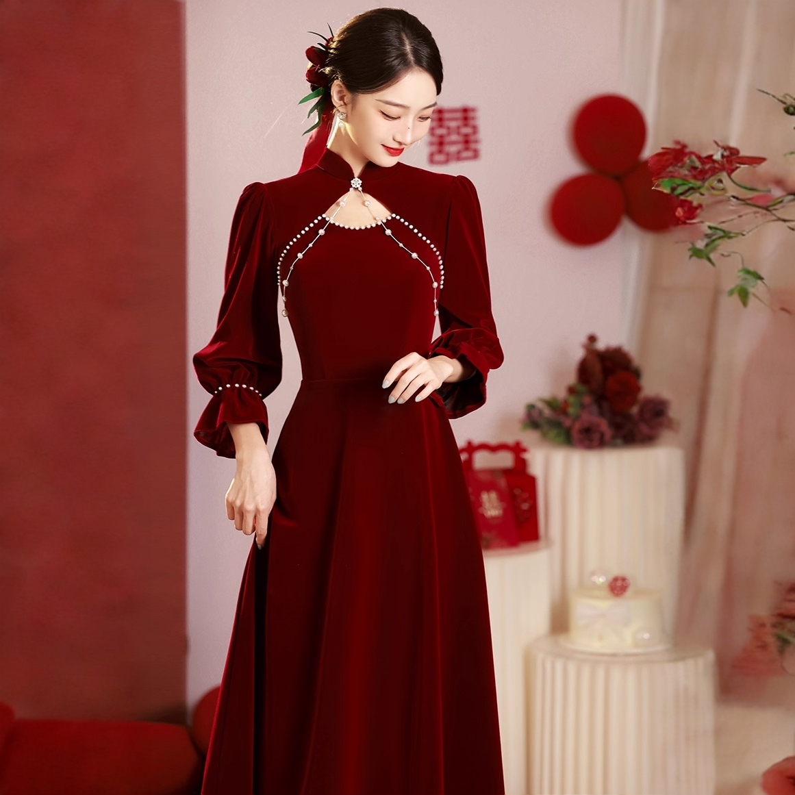 秋冬季红色结婚晚礼服长袖