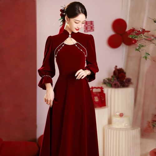 秋冬季红色结婚晚礼服长袖