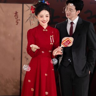 订婚礼服连衣裙小个子回门便装 敬酒服新娘长袖 旗袍红色结婚中长款