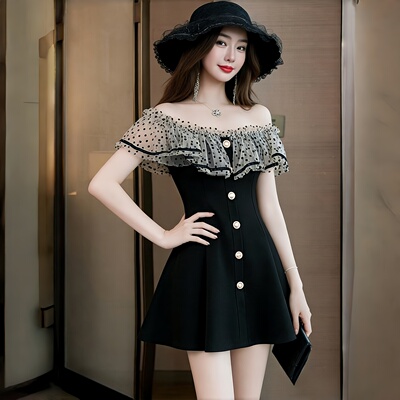 一字肩网纱荷叶边收腰显瘦连衣裙生日晚宴聚约会主持人伴娘小礼服