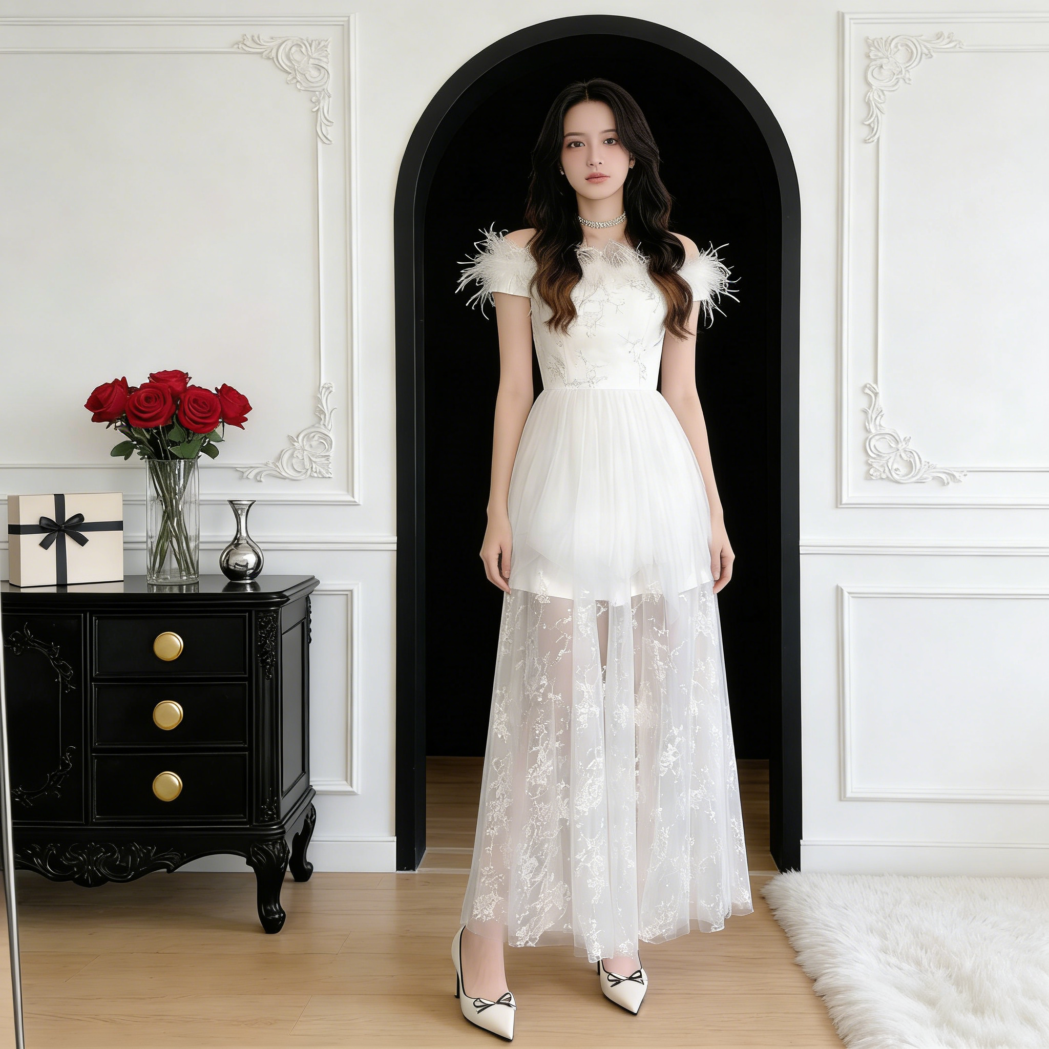 法式气质一字肩白色连衣裙女春夏季毛毛修身礼服裙蕾丝拼接长裙子,女装/女士精品,连衣裙,淘宝优惠券,粉丝福利购,淘宝优惠卷