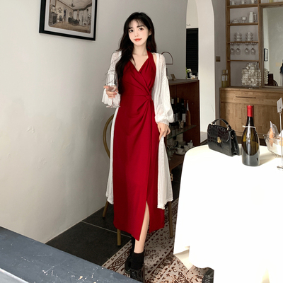 收腰显瘦性感露背开叉打底长裙