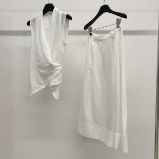 亚麻混纺 26上新 白色简约老钱风 V领不规则马甲 直筒长半裙 套装