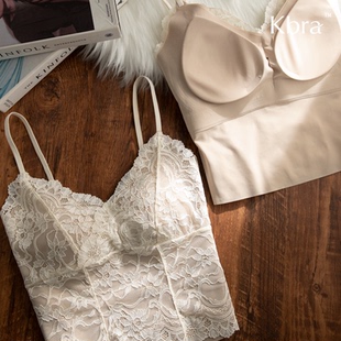Kbra法式白色蕾丝吊带背心女深V辣妹带胸垫新款鱼骨显瘦打底上衣