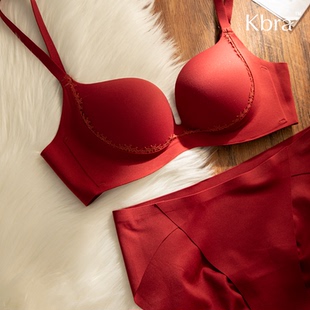 Kbra本命年小胸聚拢显大蕾丝内衣女红色结婚上托无钢圈防下垂文胸