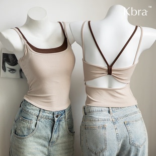 帶胸墊內搭外穿上衣 一體式 Kbra撞色美背假兩件吊帶背心女夏季 薄款