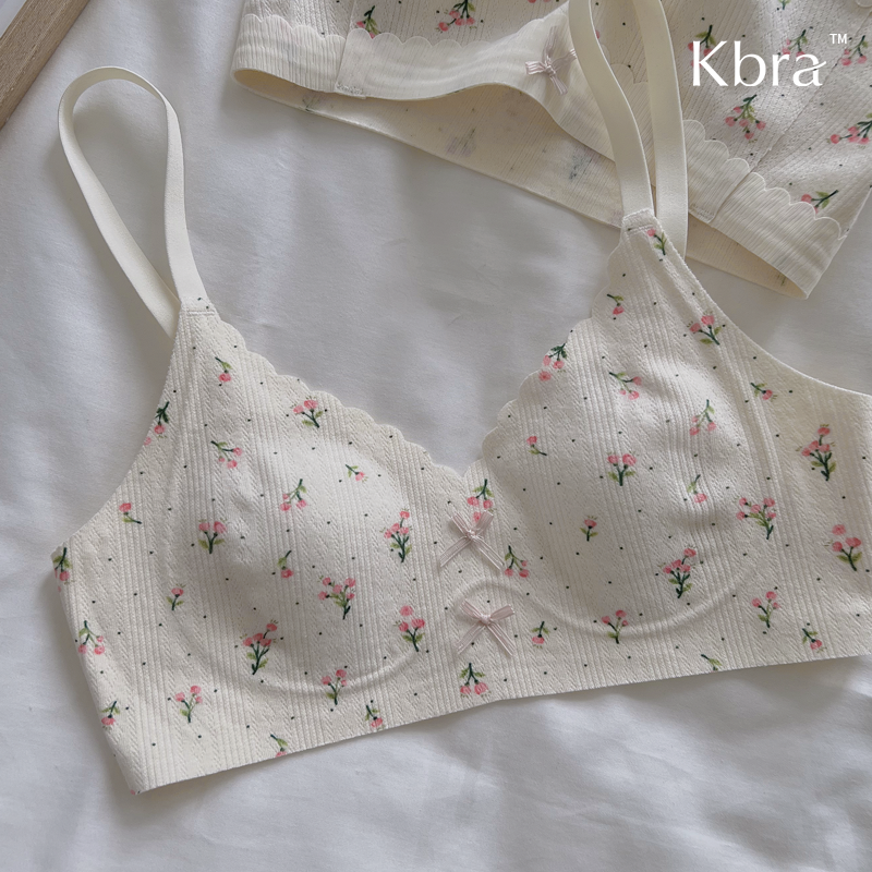 Kbra甜美碎花内衣女无痕无钢圈收副乳防下垂大胸显小显瘦薄款文胸