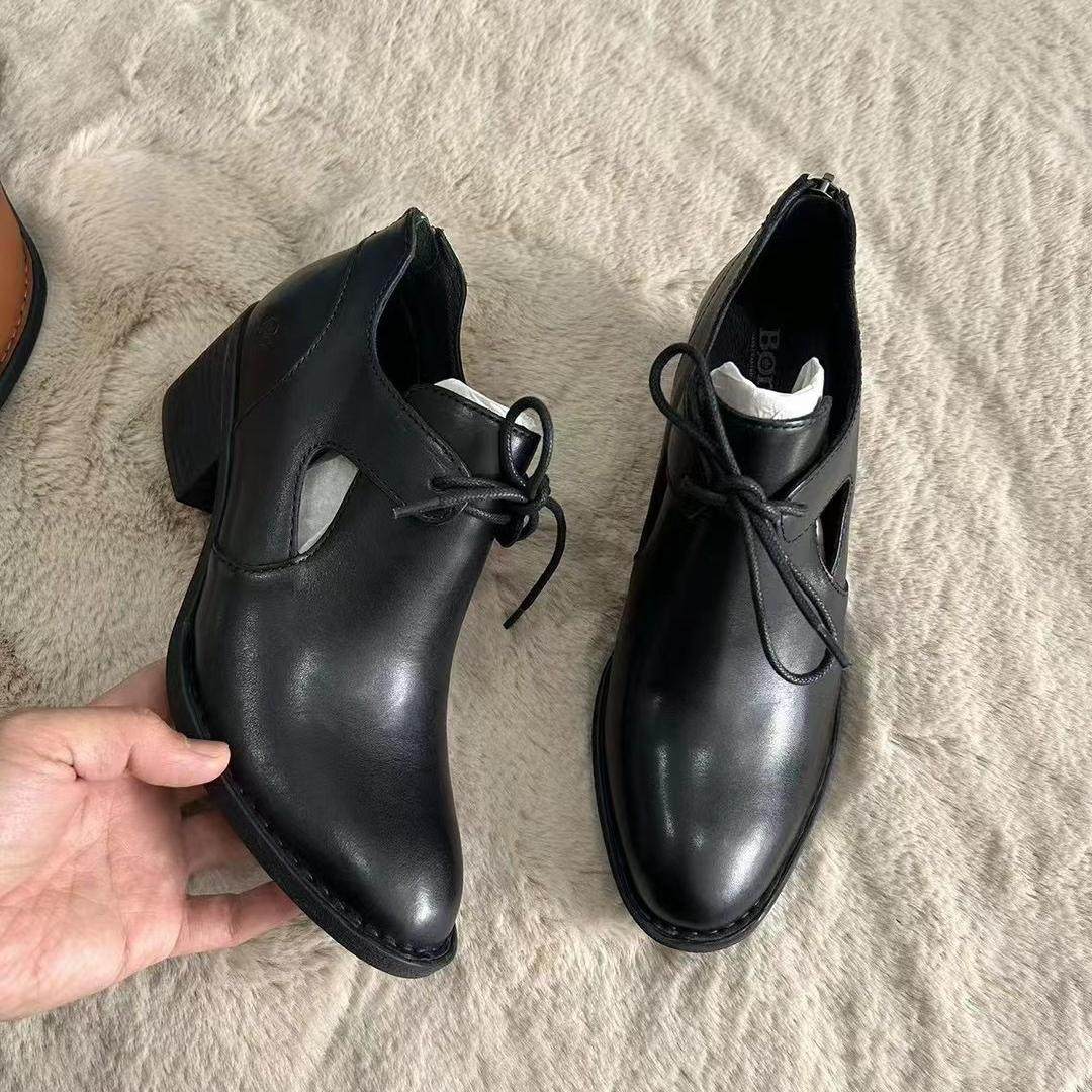 大码特惠中跟BORN出欧美小众真皮美式复古小裸靴牛皮后拉链及踝靴