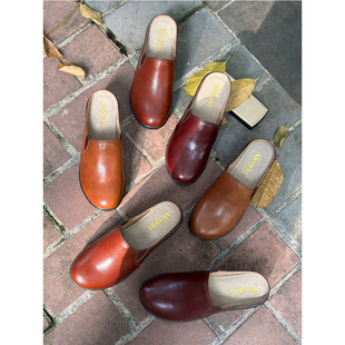 欧美复古A家健康鞋穆勒鞋头层牛皮坡跟减震休闲外贸真皮包头拖鞋