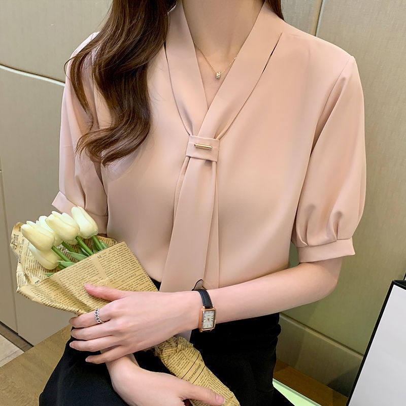 气质女士雪纺衬衫通勤女装夏装新款潮短袖上衣职业白色衬衣休闲