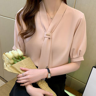 气质女士雪纺衬衫通勤女装夏装新款潮短袖上衣职业白色衬衣休闲