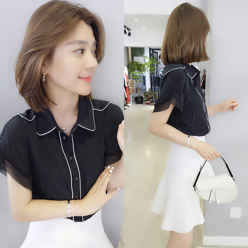 歐貨2019新款女裝夏季歐洲站黑色襯衫氣質修身韓版娃娃領上衣短袖在類目 女裝/女士精品, 襯衫中 - 來自Buy2taobao.com提供專業的淘寶代購服務