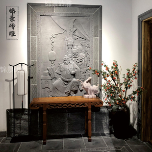 古建背景院外墙锦鲤立体青石浮雕壁画新中式仿古砖雕门神青砖雕刻