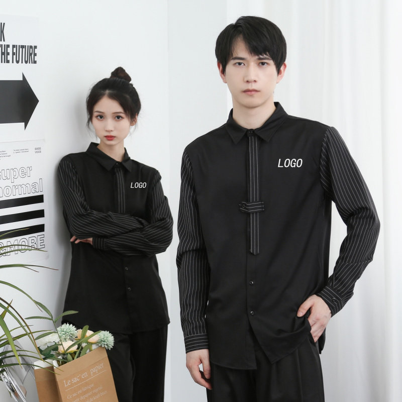 奶茶店美发店发廊工作服女助理男女士长袖衬衫酒吧工装logo定制服
