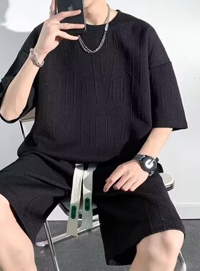 夏季大码250斤港风短袖短裤休闲运动套装男宽松夏装两件套潮牌ins