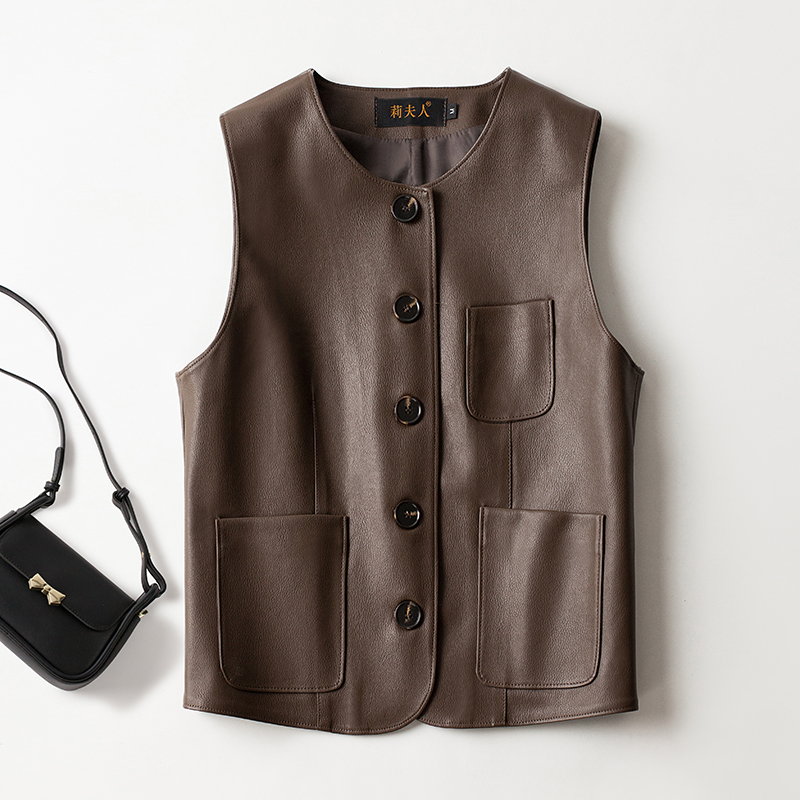 真皮马甲女2025秋冬新款圆领绵羊皮简约显瘦百搭无袖马夹坎肩外套