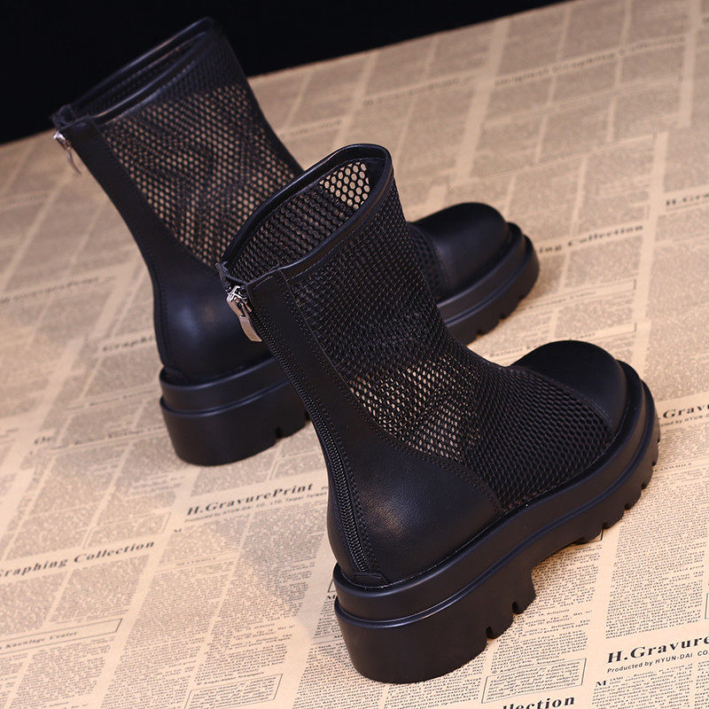 网纱靴子女镂空网靴薄款短靴子春夏季凉靴松糕厚底镂空马丁靴网面