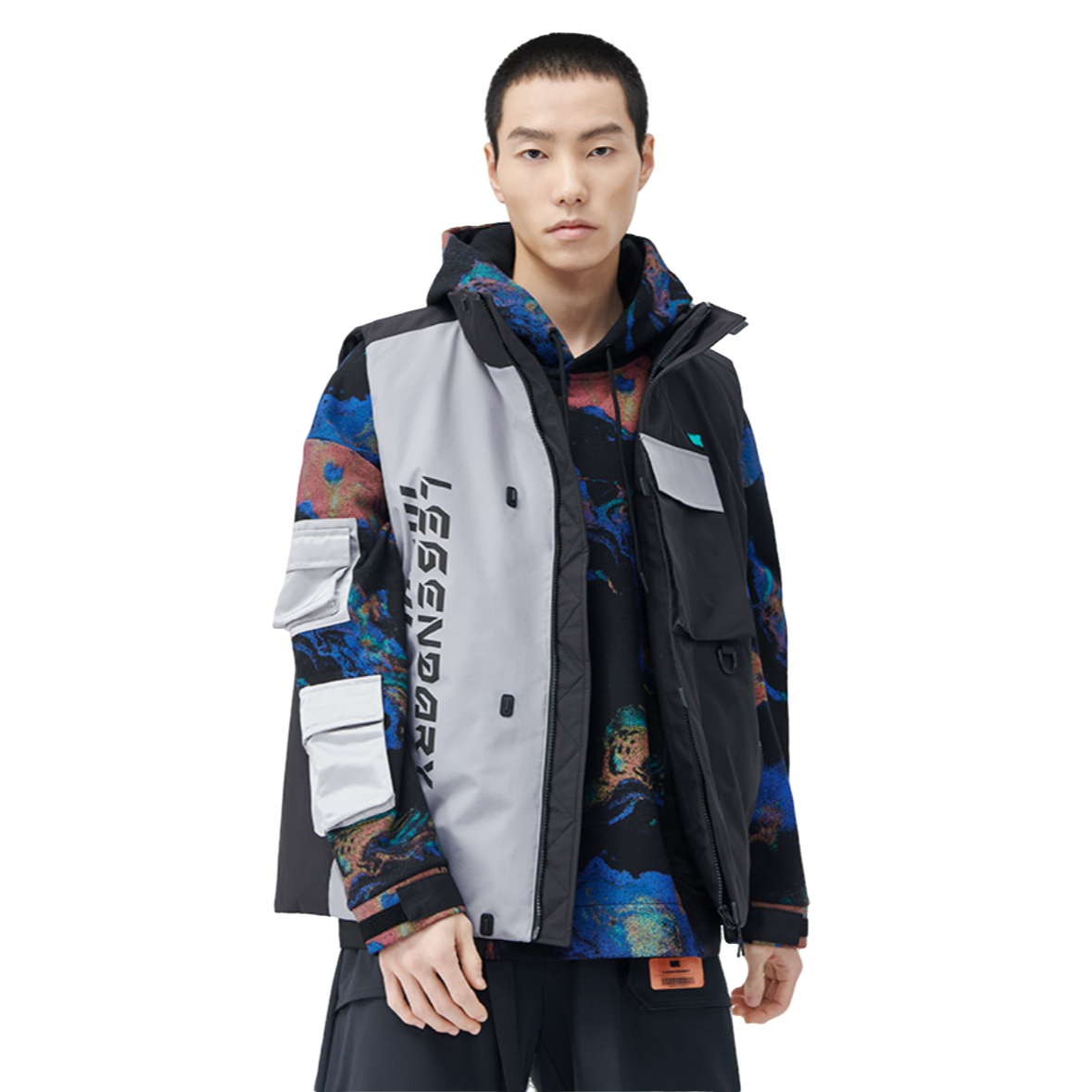 李宁 LNG未来玩家系列撞色工装风男款休闲立领羽 绒马甲 FMAC003