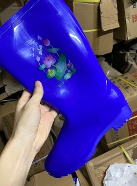 先强鞋厂女士无内里水鞋雨鞋 高筒PVC年年富贵蓝色可防水雨鞋