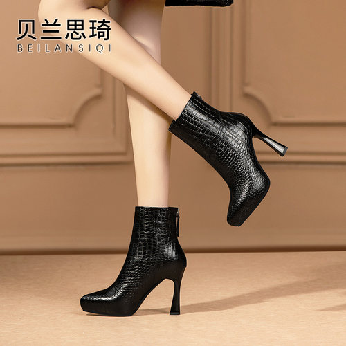 头层牛皮防水台高跟短靴