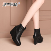 真皮厚底坡跟短靴女2025秋冬季 新款 单靴及踝靴防水台高跟短靴子
