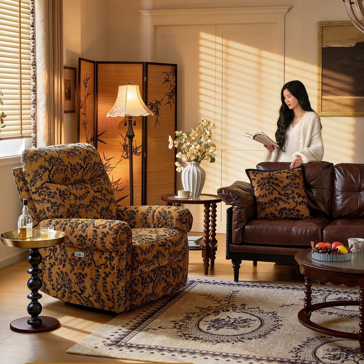 法式可调节躺椅复古家用客厅阳台雪尼尔布艺单人功能沙发,住宅家具,沙发椅,淘宝优惠券,粉丝福利购,淘宝优惠卷