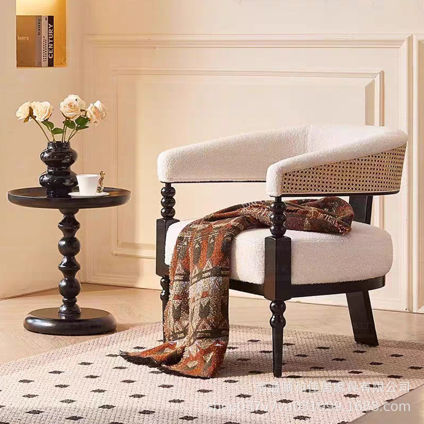 法式复古实木羊羔绒藤沙发椅小户型卧室客厅阳台藤编懒人休闲单椅,住宅家具,沙发椅,淘宝优惠券,粉丝福利购,淘宝优惠卷