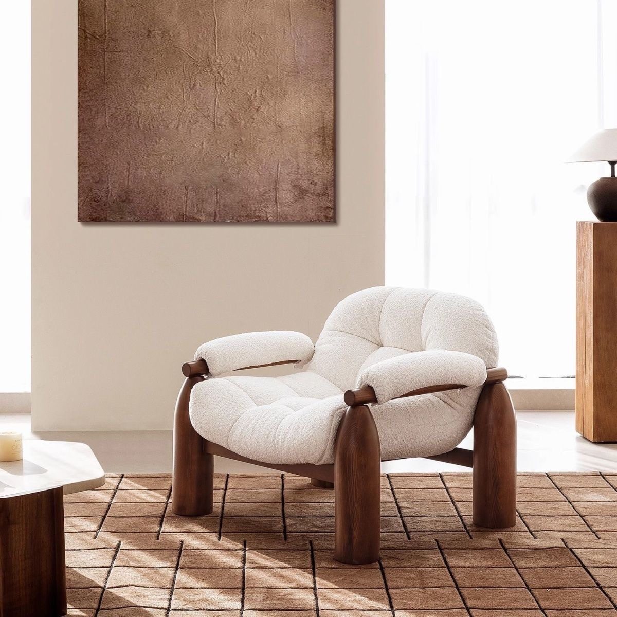 中古风实木单人沙发椅复古设计师款客厅民宿休闲椅奶油布艺沙发椅,住宅家具,沙发椅,淘宝优惠券,粉丝福利购,淘宝优惠卷