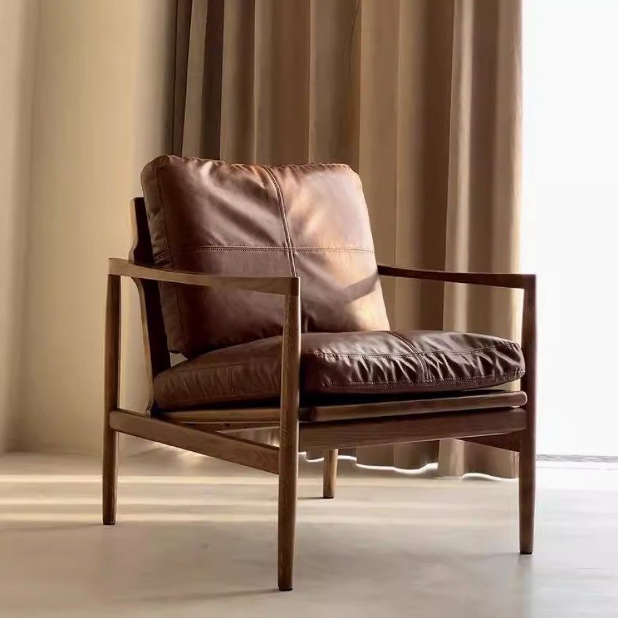 北欧实木复古单人沙发椅真皮羽绒椅懒人靠背椅高回弹高回弹填充,住宅家具,沙发椅,淘宝优惠券,粉丝福利购,淘宝优惠卷