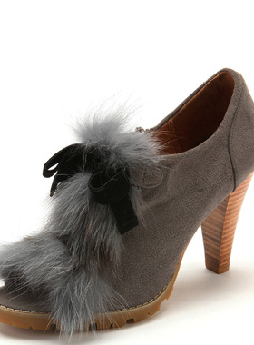 羊猄真皮女鞋子秋深口及踝靴子毛毛鱼嘴高跟拉链蝴蝶结KL13S30702