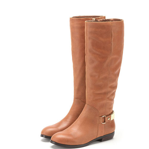 真皮长靴子女冬浅驼色牛皮圆头平跟拉链金属搭扣复古风340016756