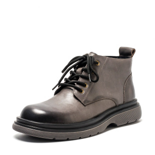 撤柜42码男士真皮短靴子冬灰色牛皮工装马丁靴圆头绑带SS24121119