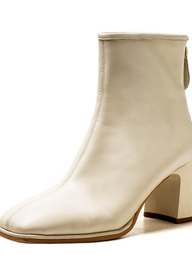 真皮弹力短靴子女素版羊皮革方头高粗跟后拉链优雅复古MD34116D11