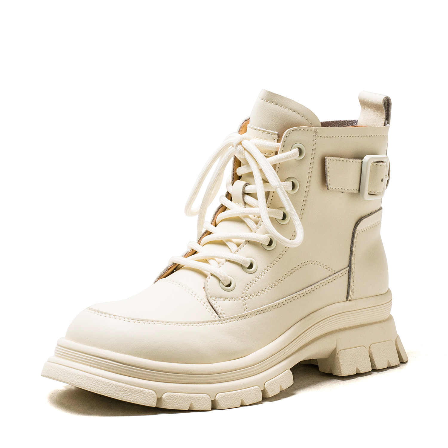 休闲真皮短靴子女冬米白色牛皮马丁靴绑带拉链粗跟厚底MD34116021