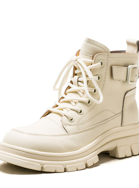 休闲真皮短靴子女冬米白色牛皮马丁靴绑带拉链粗跟厚底MD34116021