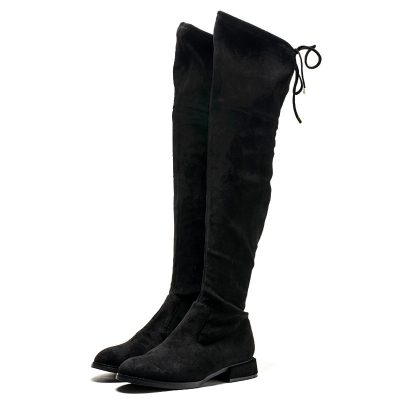 弹力布过膝长靴子女冬黑色织物袜靴圆头低粗跟套筒百搭MD94117007