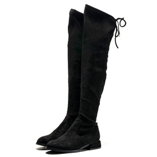 弹力布过膝长靴子女冬黑色织物袜靴圆头低粗跟套筒百搭MD94117007