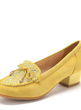 真皮乐福鞋子黄色羊皮单鞋女圆头低粗跟水钻闪闪蝴蝶结SF51110058