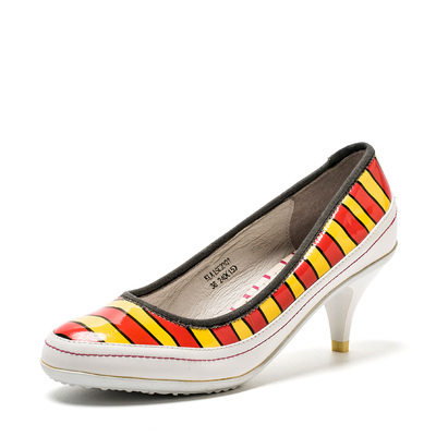 潮牌真皮单鞋女甜辣红色条纹欧美时尚牛皮鞋子圆头高跟KLA1SC2301