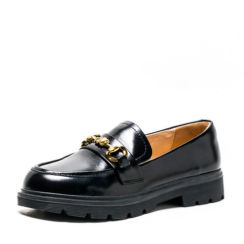 撤柜真皮乐福鞋子黑色牛皮单鞋女圆头低跟英伦搭扣学院SS23111298