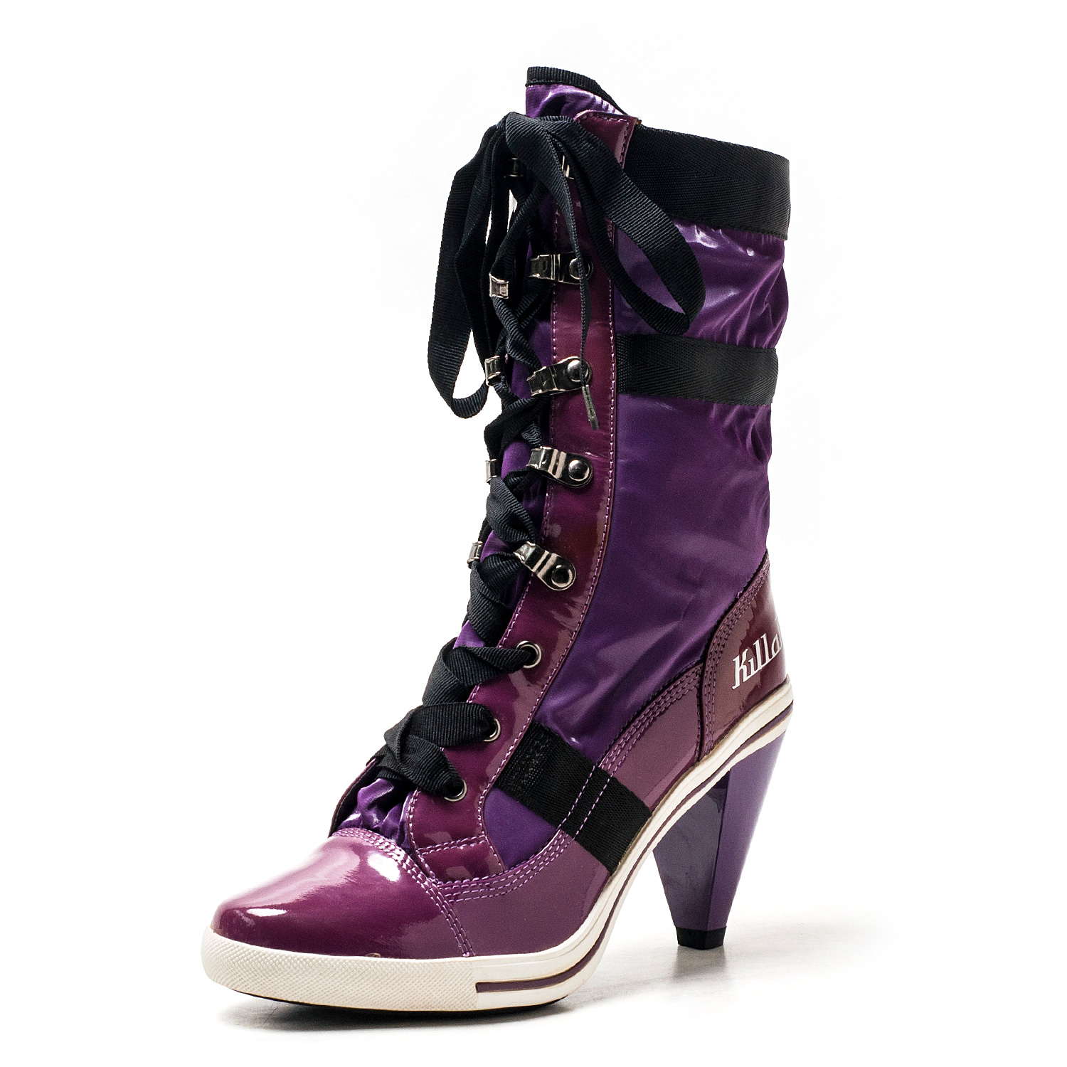 潮牌真皮短靴子女冬紫色漆面牛皮圆头高跟绑带复古欧美KL94SF5602