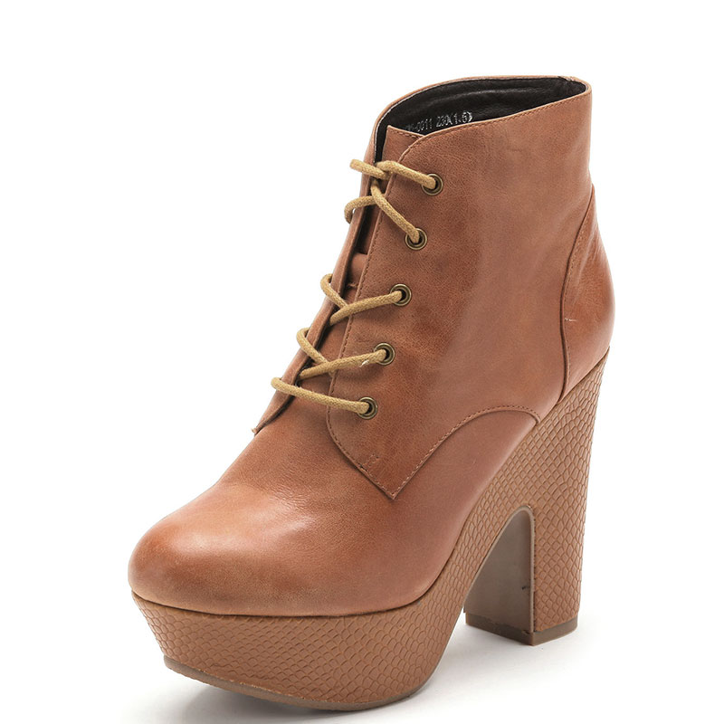 真皮短靴子女冬驼色牛皮圆头超高粗跟水台厚底绑带马丁240024135