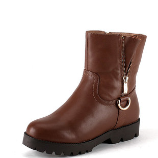 毛毛加厚棉靴真皮短靴子女冬棕色牛皮圆头厚底水台低跟SS34SU8813