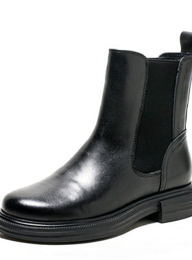 毛毛加厚内胆棉靴雪地真皮切尔西短靴子女圆头黑色牛皮SS1411A992